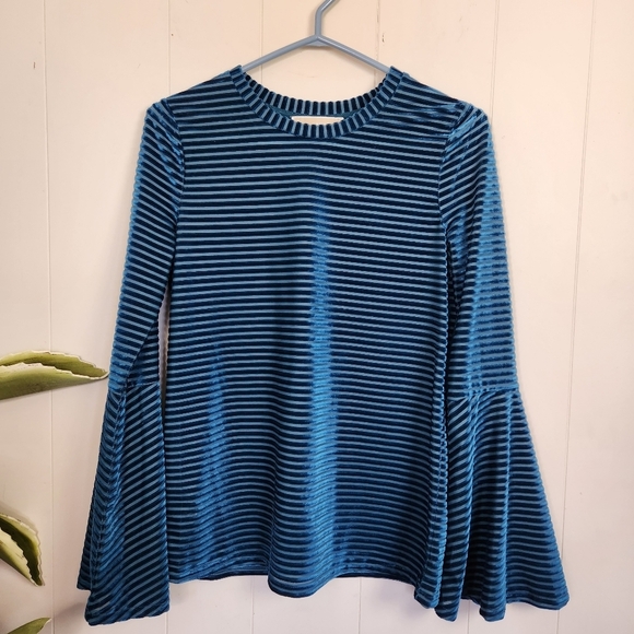 Michael Kors Blue Long Sleeve Striped Shirt Teal Blue Bell Sleeves Velour Velvet - Picture 3 of 11